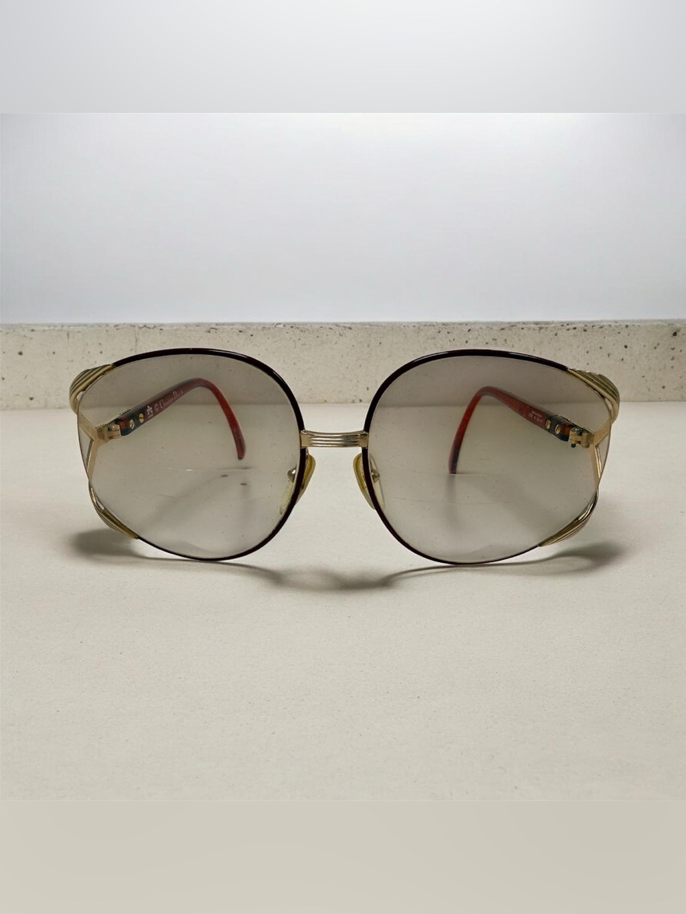 Vintage 70’s Large Christian Dior Gold Frame Glasses with Red Temples